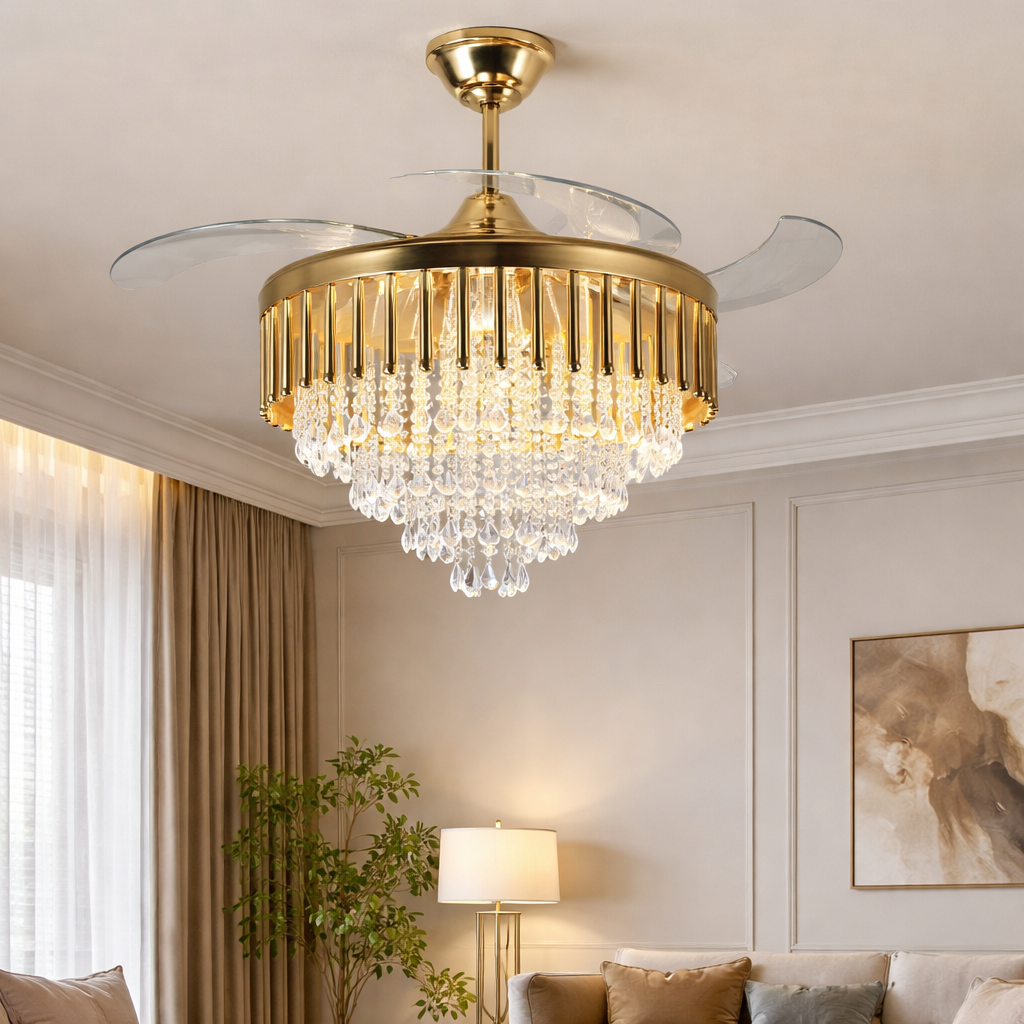 HDC 42" Modern Creative Design Chandelier Ceiling Fan with LED Lighting,Crystal Chandelier Fan Gold Retractable Ceiling Fan Light