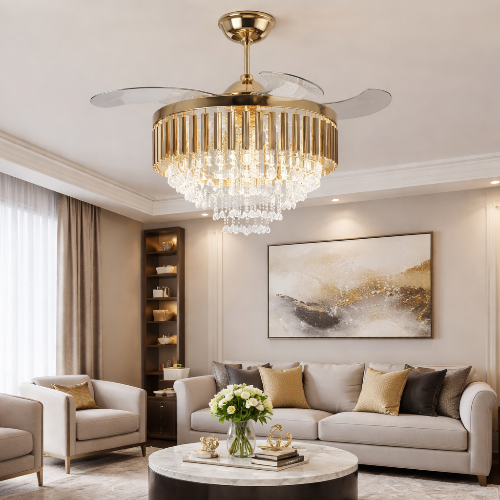 HDC 42" Modern Creative Design Chandelier Ceiling Fan with LED Lighting,Crystal Chandelier Fan Gold Retractable Ceiling Fan Light