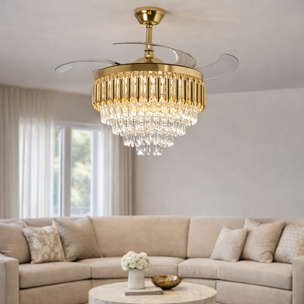 HDC 42" Modern Creative Design Chandelier Ceiling Fan with LED Lighting,Crystal Chandelier Fan Gold Retractable Ceiling Fan Light