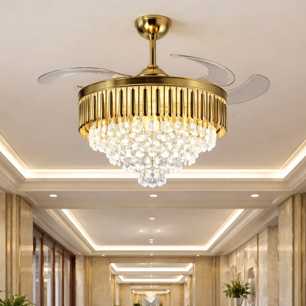 HDC 42" Modern Creative Design Chandelier Ceiling Fan with LED Lighting,Crystal Chandelier Fan Gold Retractable Ceiling Fan Light