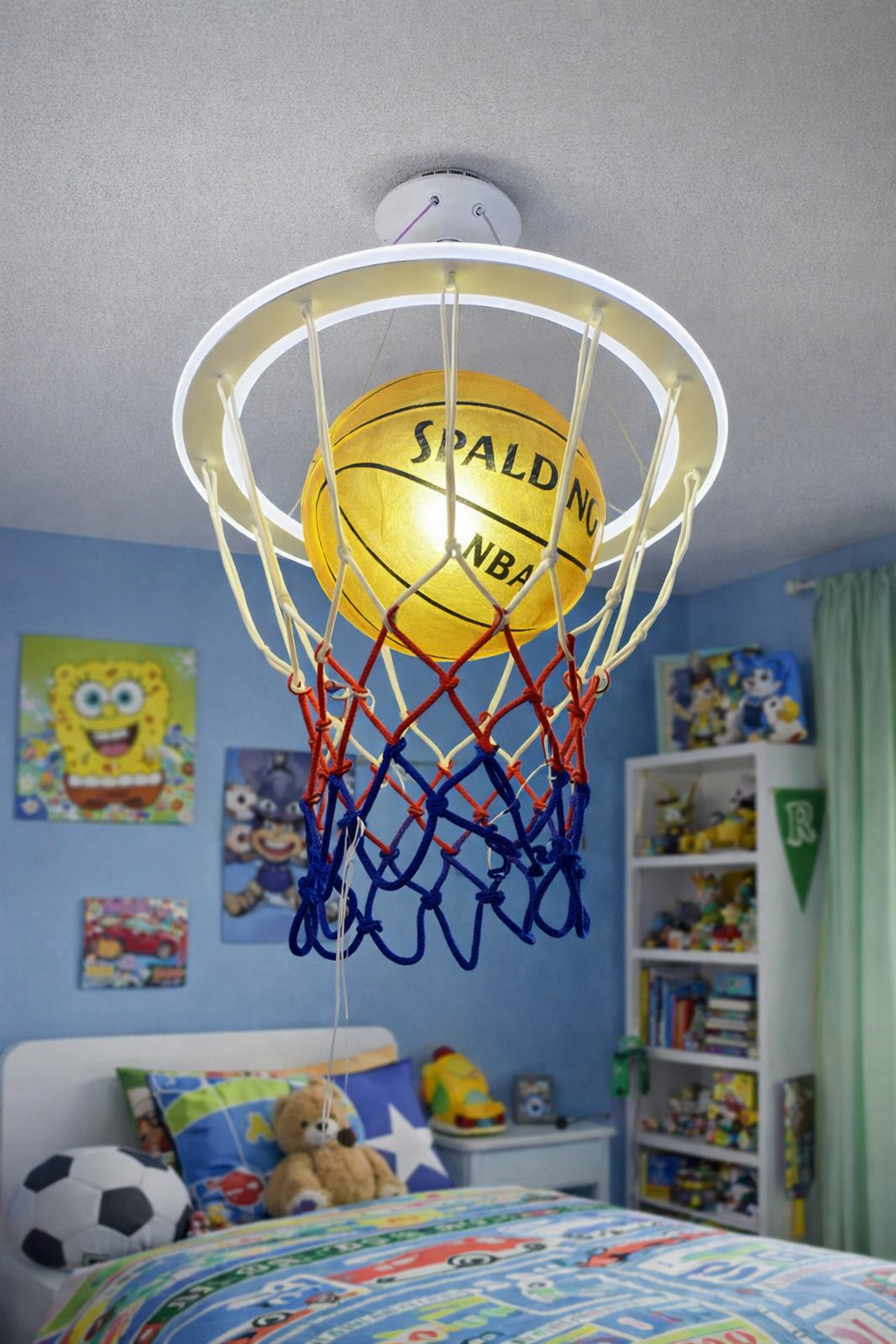 Hdc Basketball Hoop Ceiling Light – Creative Sports-Themed Pendant Lamp with LED Ring and Net Design for Kids Bedroom & Game Room