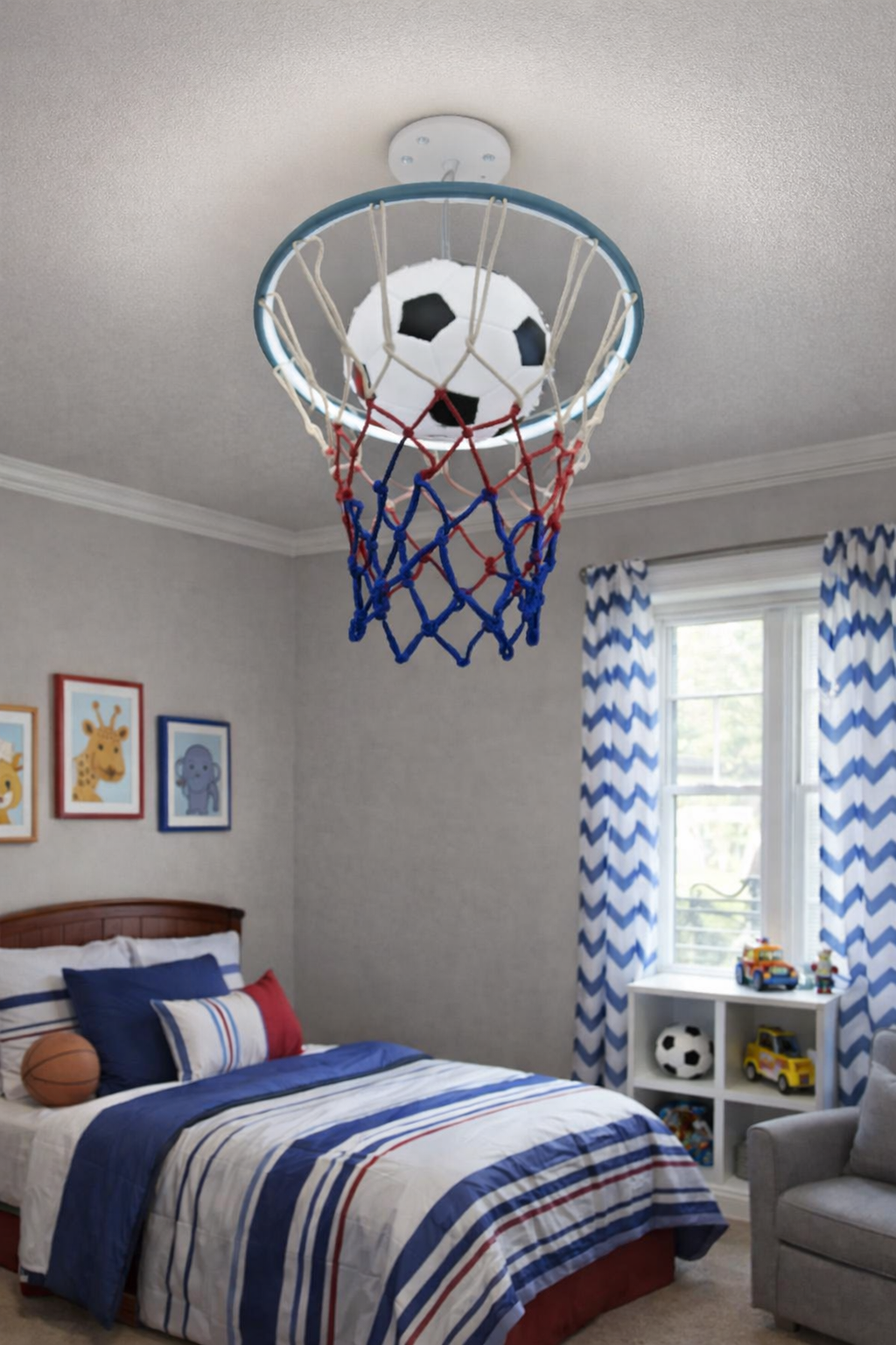Hdc Kids Football Ceiling Light with Hoop Net Design – Creative Sports Theme LED Light