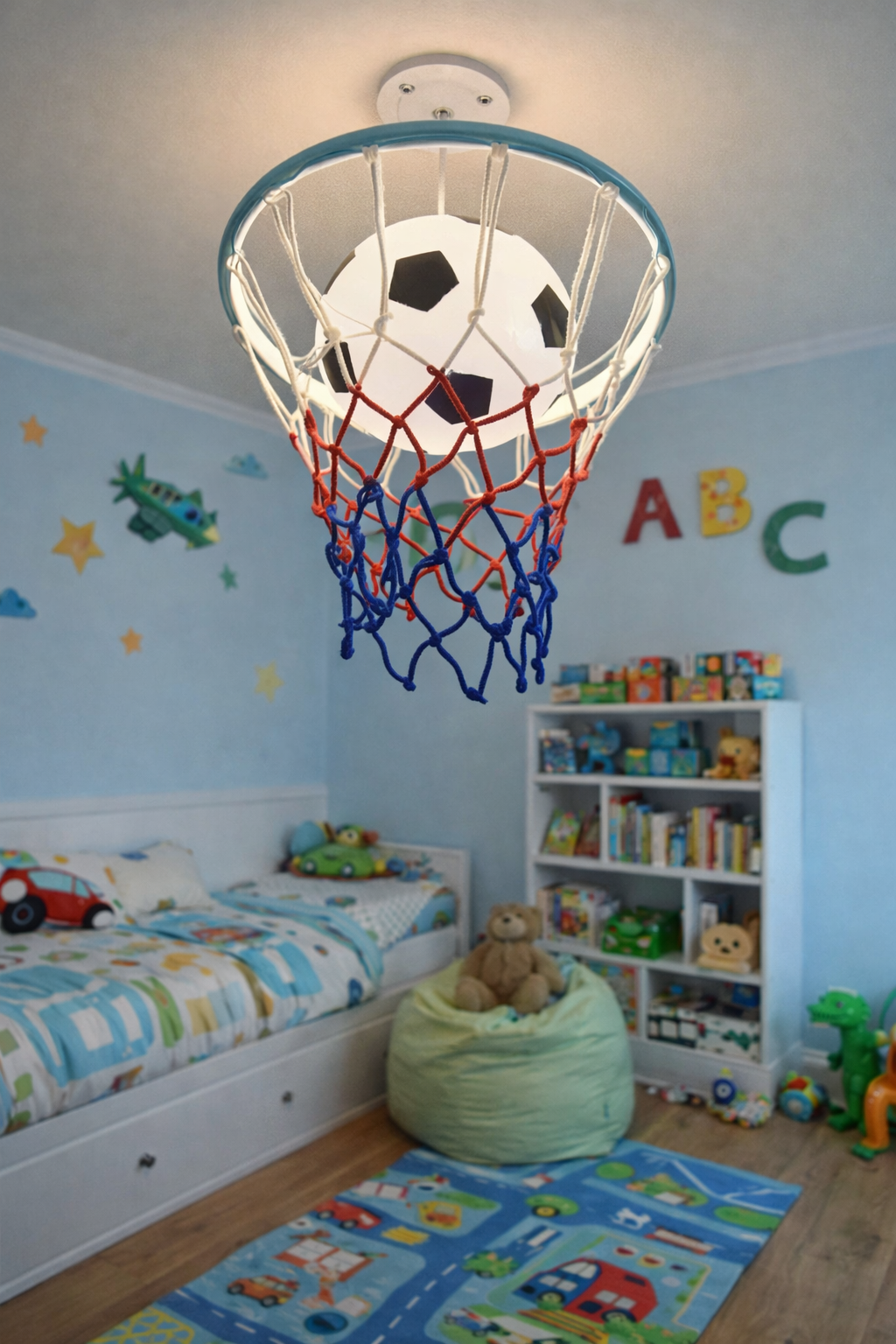 Hdc Kids Football Ceiling Light with Hoop Net Design – Creative Sports Theme LED Light