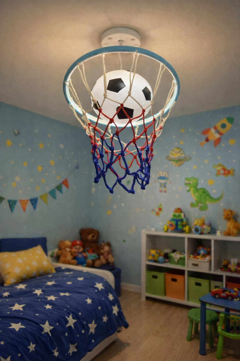 Hdc Kids Football Ceiling Light with Hoop Net Design – Creative Sports Theme LED Light