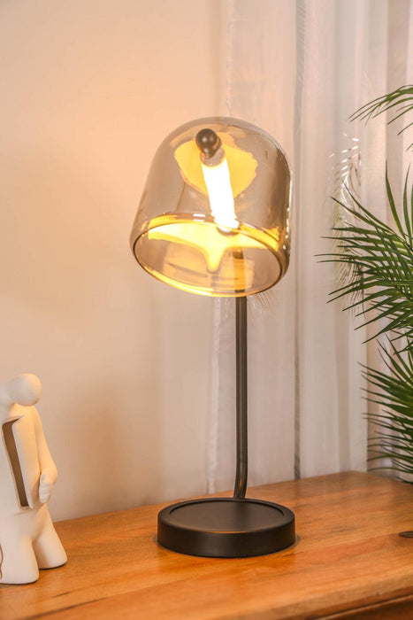HDC Modern Smoke/Amber Glass Table Lamp with Metal Frame for Living Room, Offices