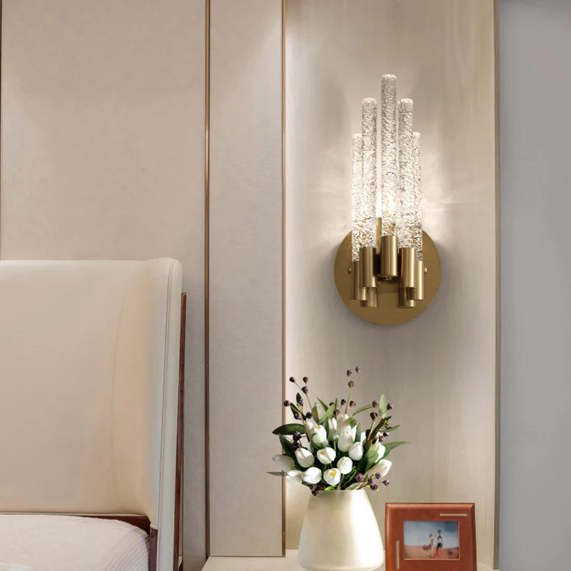 Hdc Tubular Sconce Lighting Simple Style Clear Rippled Crystal 1-Head Bedroom Wall Light in Brass