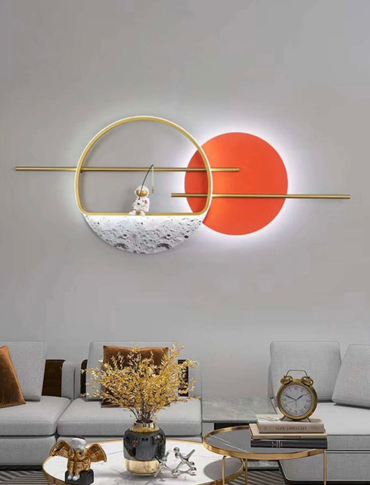 HDC Modern Moon Textured With Sitting Astronaut Figurine Metal Led Wall Art For Home Decor