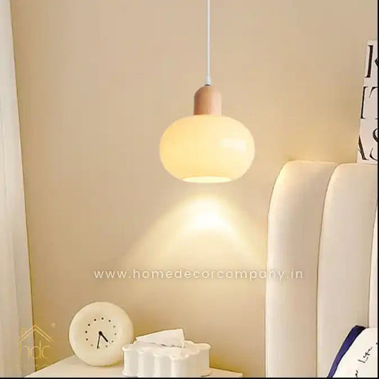 HDC Wood Dome Pendant Light Cream Glass Pendant Lighting for Dining Room Bedroom Bedside Living Room