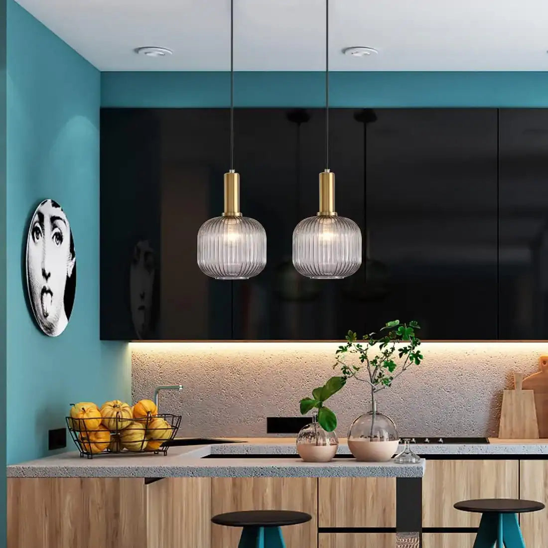 HDC Smoke Grey Glass Mid Century Hanging Lamp Light with Ribbed Glass Shade Blown Glass Ceiling Light