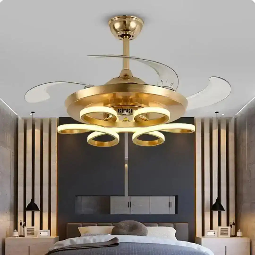 Hdc Golden Flower Led 3 Color Setting Control With Remote Transparent Retractable Fan Blade Chandelier