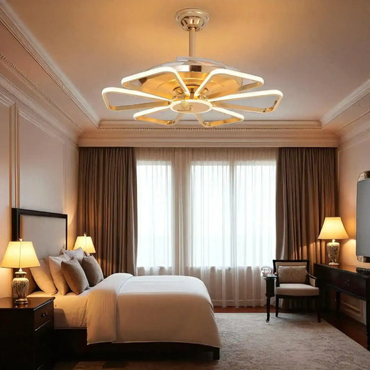 Hdc 52 inch 6 Petal Ceiling Fan Chandelier 52 Inch Gold Led 3 Color Setting Control With Remote