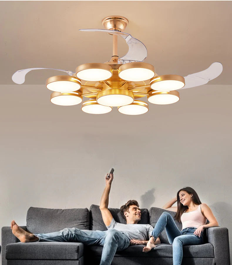 Hdc Invisible Gold Rings Ceiling Fan Chandelier With Remote 4 Retractable Abs Blades - Warm White