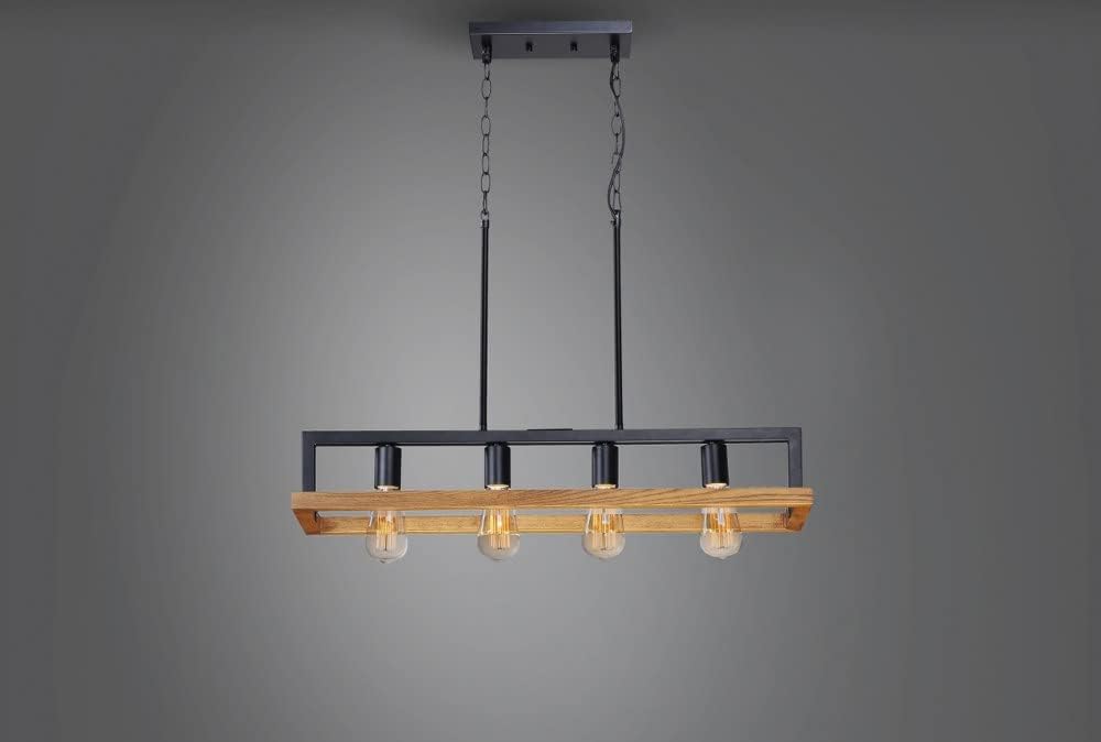 HDC Modern Rectangular Iron & Wood Hanging Chandelier Light for Dining & Living Spaces