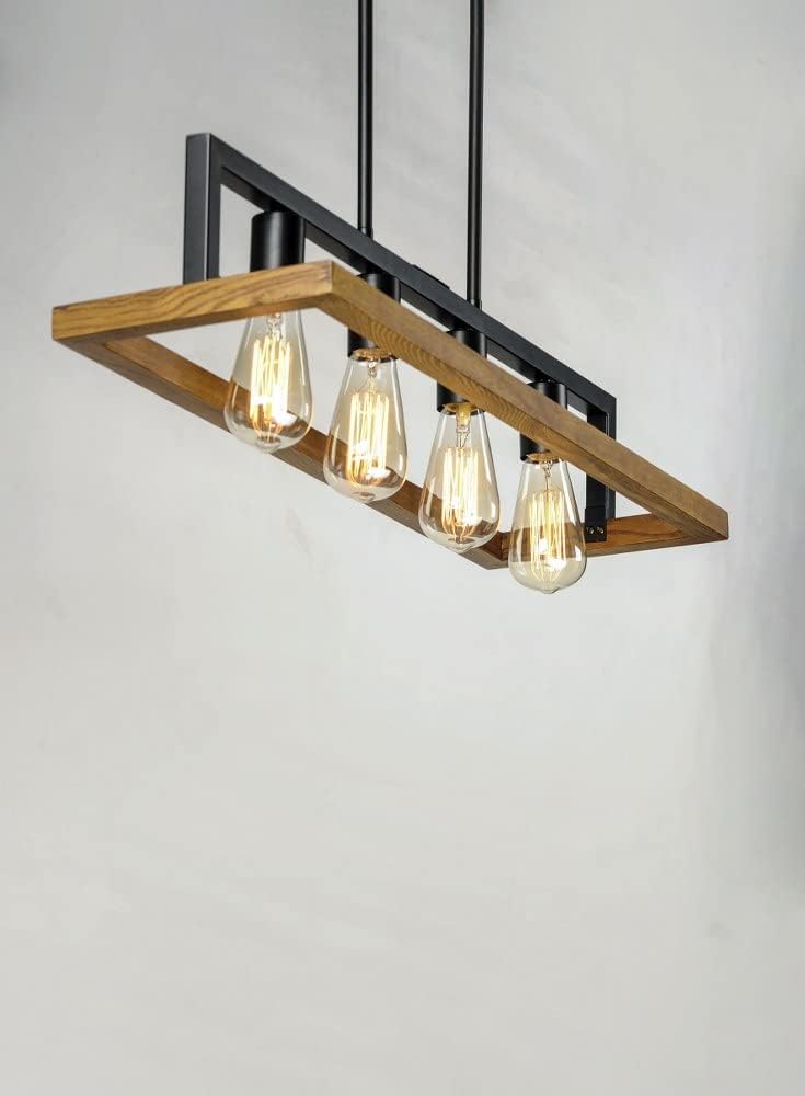 HDC Modern Rectangular Iron & Wood Hanging Chandelier Light for Dining & Living Spaces
