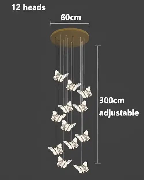 HDC 12 Lights Light Led Butterfly Crystal Double Height Stair Chandelier- Tricolor