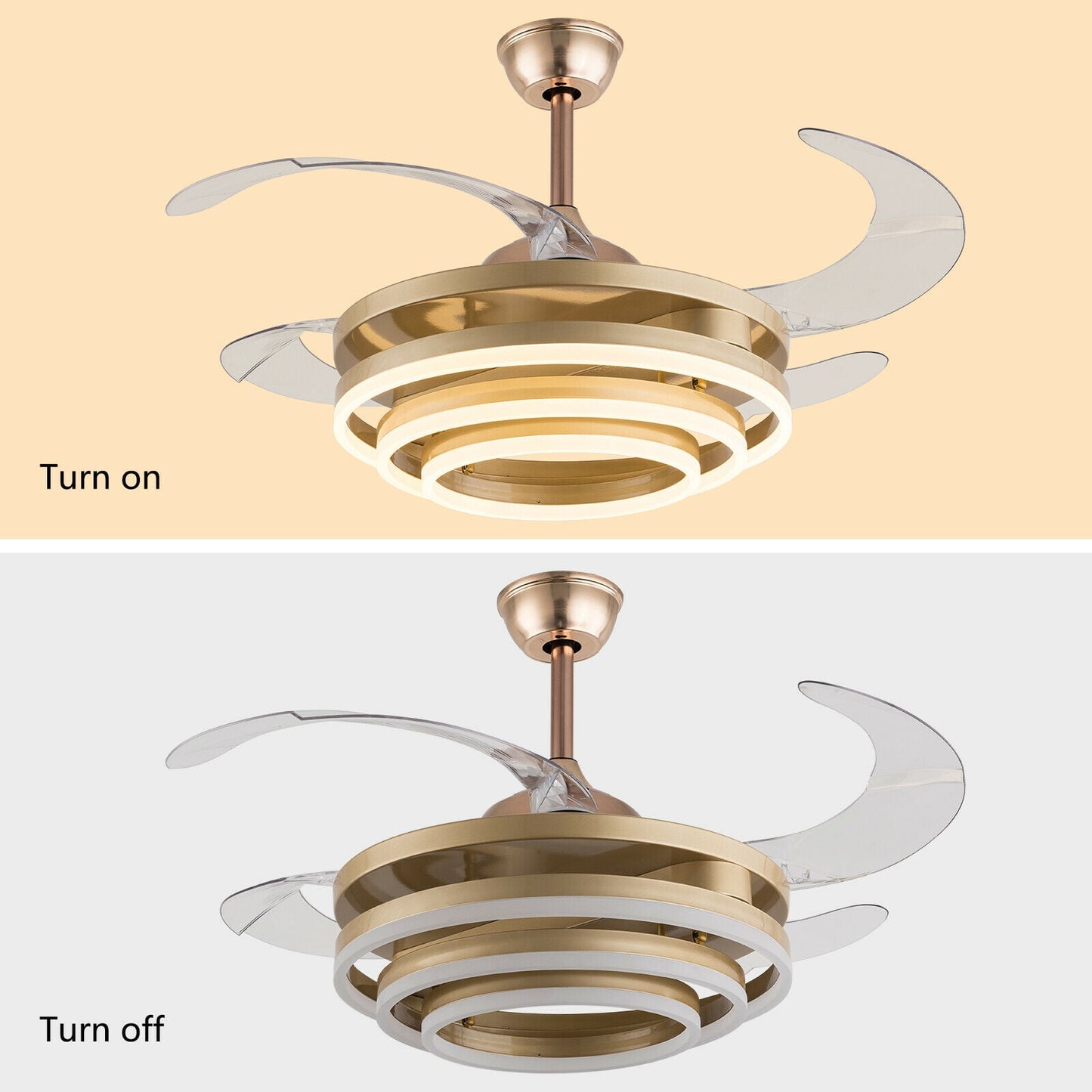HDC Invisible Golden Rings Ceiling Fan Chandelier With Remote Control 4 Retractable Abs Blades - Warm White