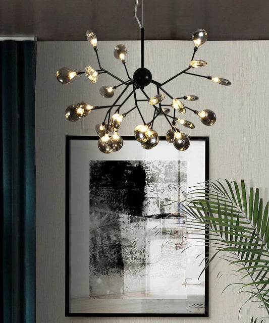 HDC 27 Lights Amber/ Smoke Ball Firefly Black Chandelier Adjustable Brass Heracleum Led Ceiling Light Hanging Lamp - Warm White