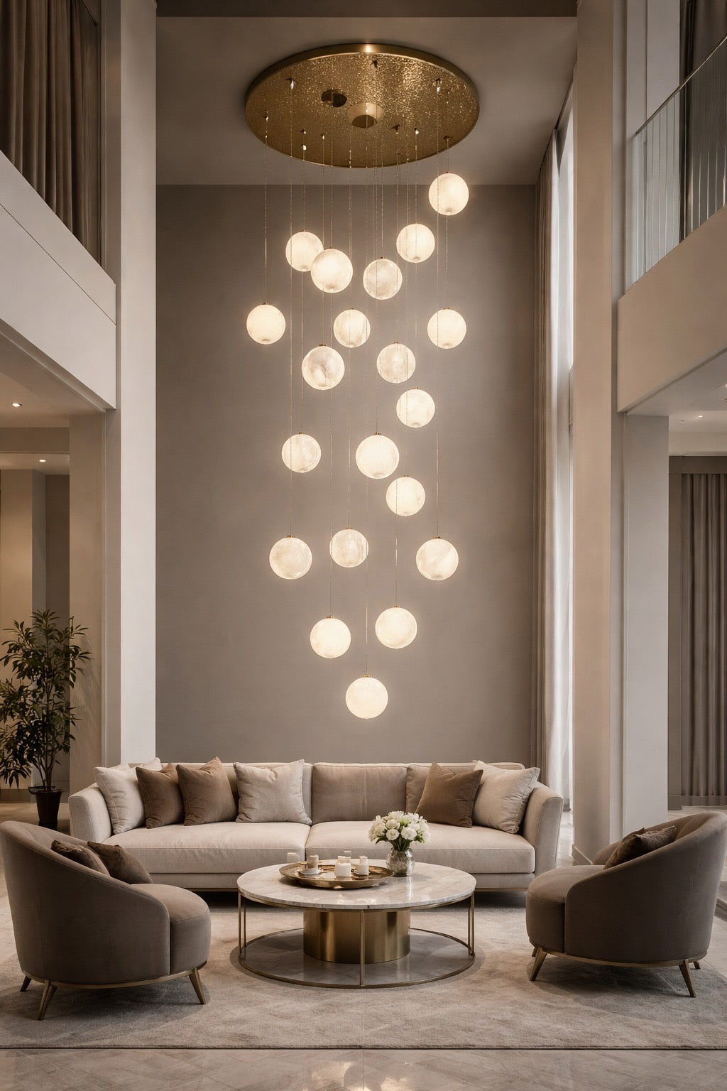 HDC 22 Lights Luxury Multi-Drop Moon Ball LED Chandelier for Staircase & Double Height Ceiling