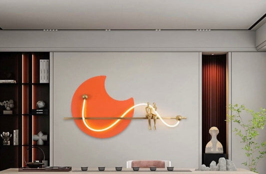 HDC Modern Abstract Crescent Orange Moon With Figure Metal Wall Art For Home Decor