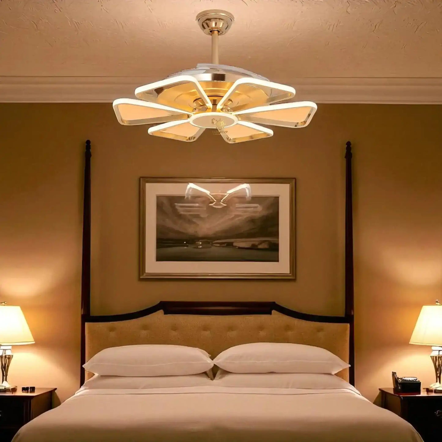 Hdc 52 inch 6 Petal Ceiling Fan Chandelier 52 Inch Gold Led 3 Color Setting Control With Remote