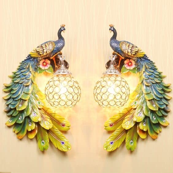 Hdc Peacock Resin Wall Mounted Led Night Lamp Antique Wall Light Lamp- Green