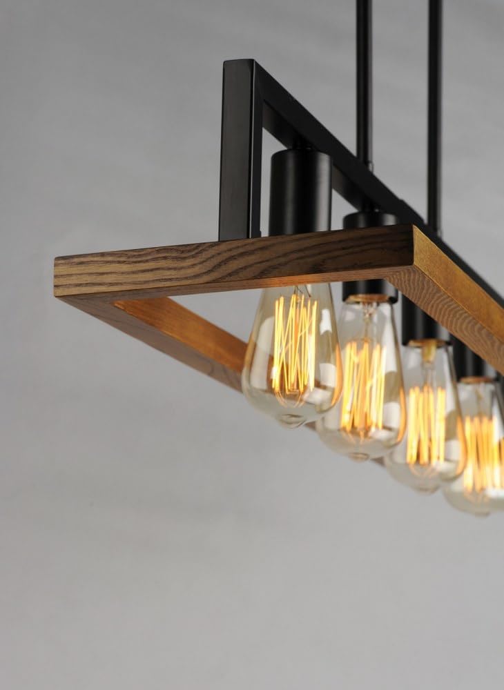 HDC Modern Rectangular Iron & Wood Hanging Chandelier Light for Dining & Living Spaces