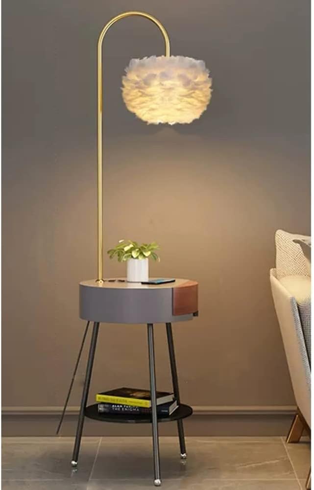 HDC Luxury Feather Shade Floor Lamp with Gold Arch Stand With USB Charging
