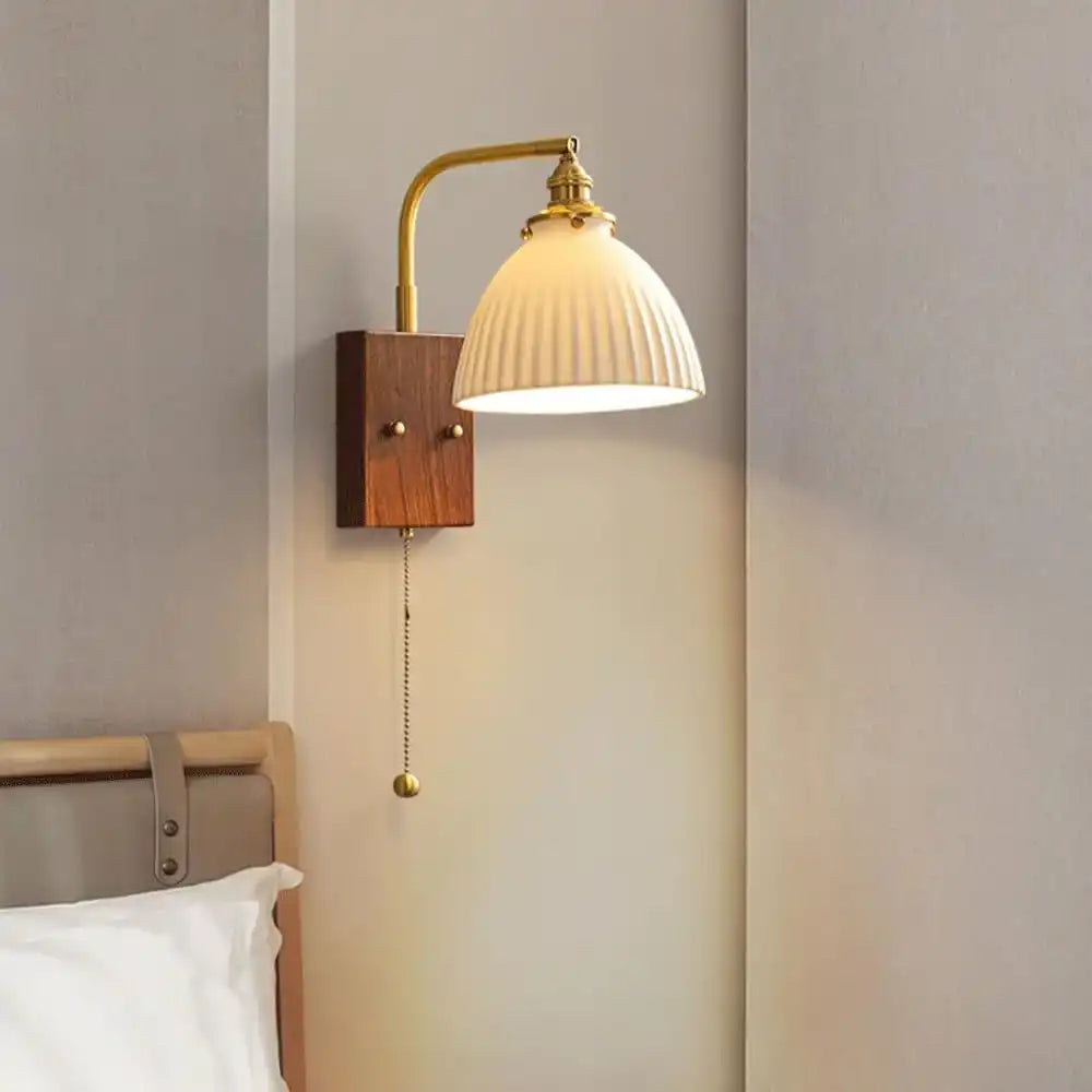Hdc Modern Adjustable Swing Arm Wall Sconce with Striped Ceramic Shade Pull Chain Switch Wood Grain Base Brass Pole, 360° Rotating Headboard Reading