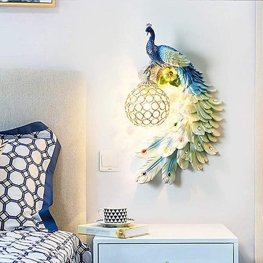 Hdc Peacock Resin Wall Mounted Led Night Lamp Antique Wall Light Lamp- Blue