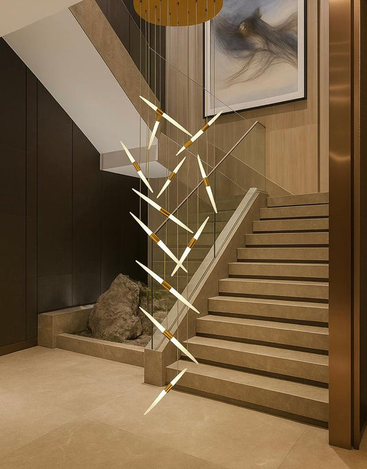 HDC 10 Lights LED Gold Frosted Spike Double Height Stair Chandelier- Tricolor
