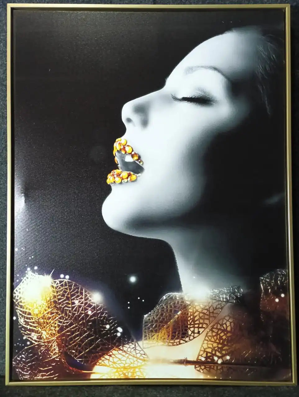 Hdc Golden Makeup Woman Lips with Gems Portraits Aesthetic Wall Art Poster for Living Room, Home & Wall Decor