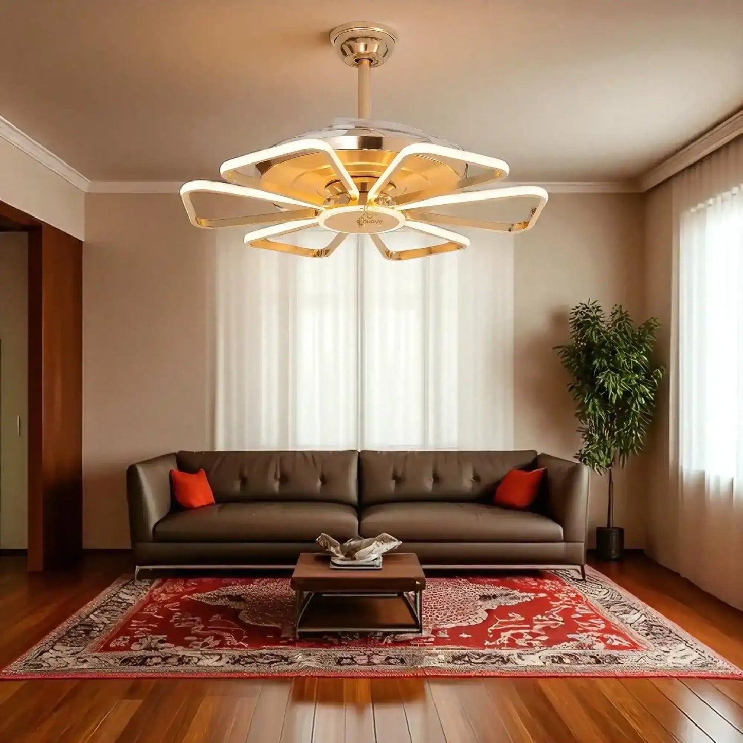 Hdc 52 inch 6 Petal Ceiling Fan Chandelier 52 Inch Gold Led 3 Color Setting Control With Remote