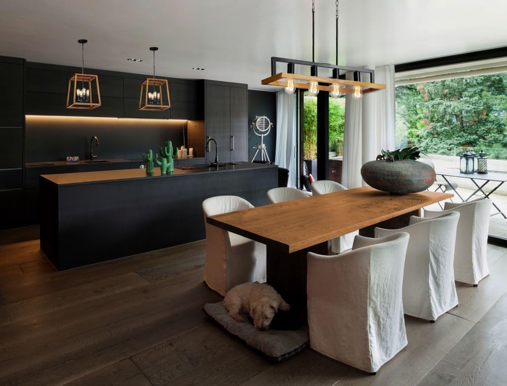HDC Modern Rectangular Iron & Wood Hanging Chandelier Light for Dining & Living Spaces