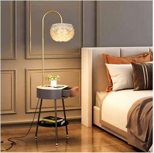 HDC Luxury Feather Shade Floor Lamp with Gold Arch Stand With USB Charging