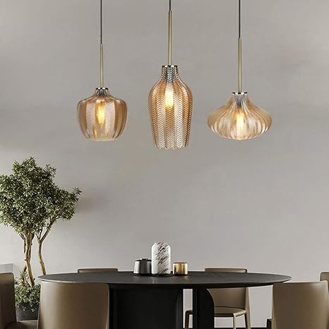 HDC 3 Light Led Amber Ribbed Glass Pendant Lamp Ceiling Light