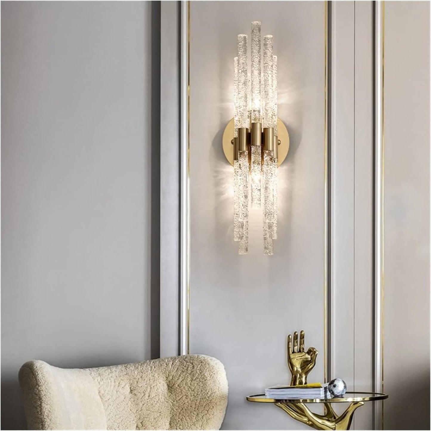 Hdc Tubular Sconce Lighting Simple Style Clear Rippled Crystal 2-Head Bedroom Wall Light in Brass
