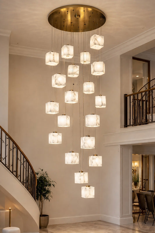 HDC 22 Lights Luxury Multi-Cube Marble Finish Hanging Chandelier for Staircase & Double Height Ceiling