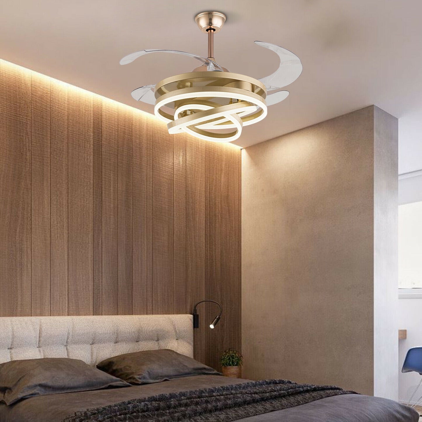 HDC Invisible Golden Rings Ceiling Fan Chandelier With Remote Control 4 Retractable Abs Blades - Warm White