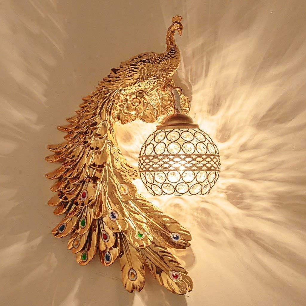 Hdc Creative Three-Dimensional Resin Carving Long Tail Peacock Wall Lamp Crystal Glass Lampshade Modern Wall Sconce