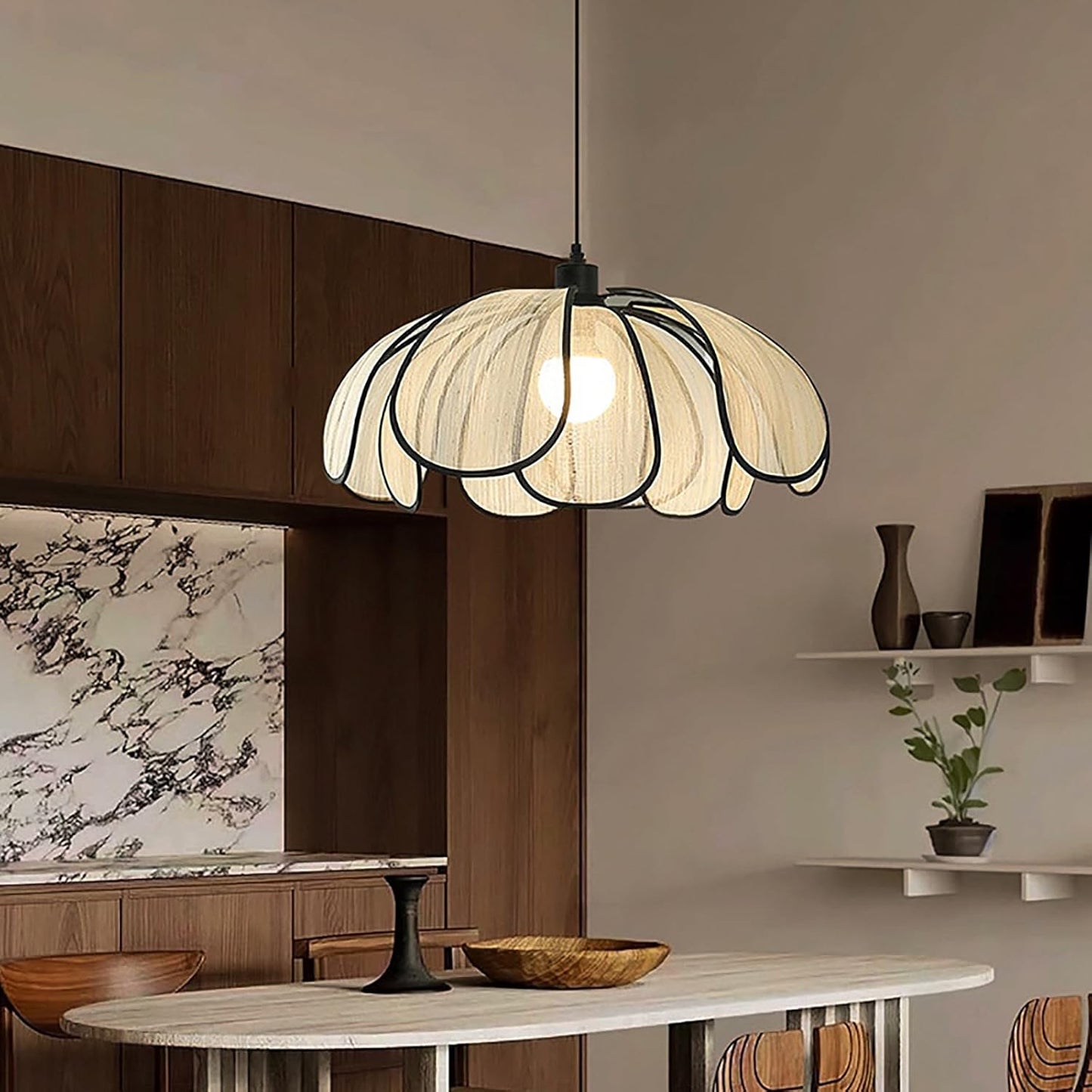 HDC Modern Wooden Petal Pendant Light for Bedroom, Dining & Living Room