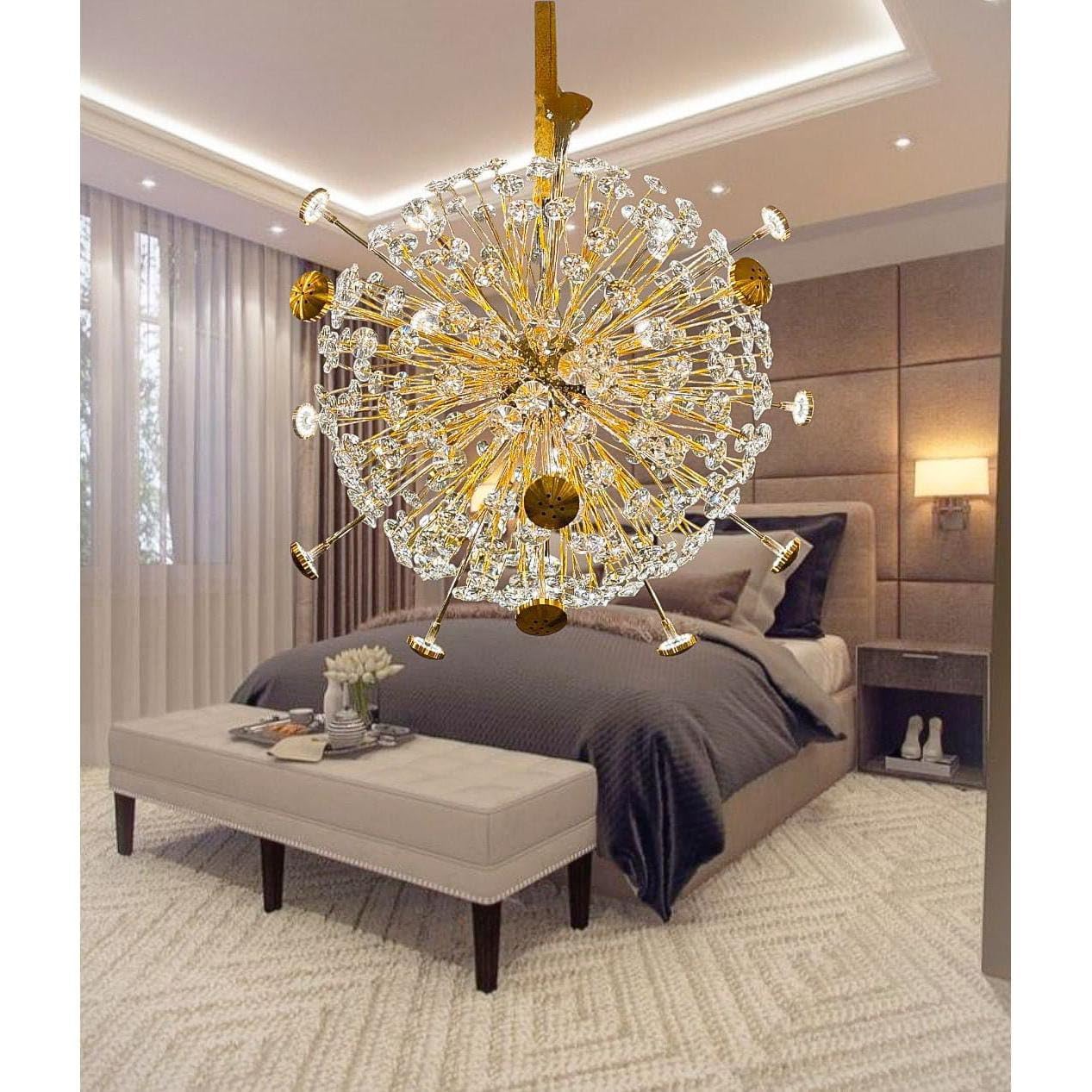 Ojaro Modern Gold Burst Crystal Chandelier Pendant Light for Living Room, Staircase & Luxury Interiors