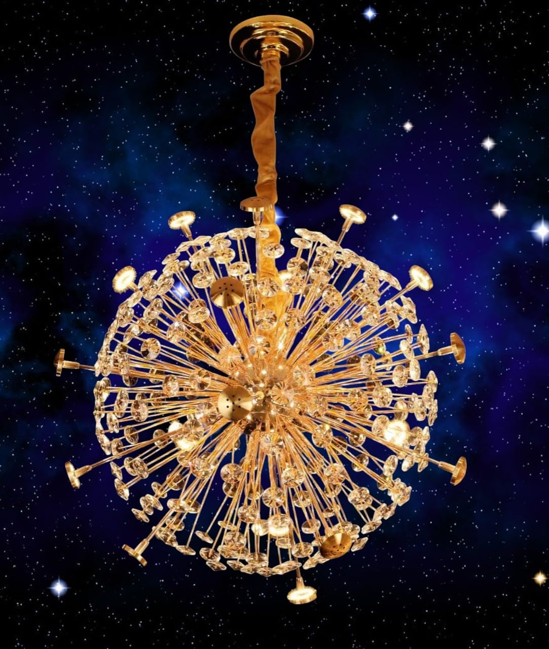 Ojaro Modern Gold Burst Crystal Chandelier Pendant Light for Living Room, Staircase & Luxury Interiors