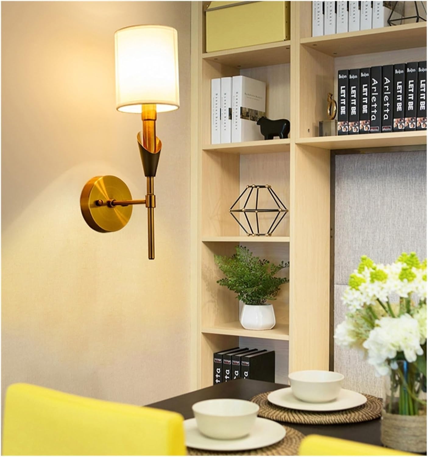 HDC Simple Brushed Gold Wall Sconce with White Fabric Shade Modern Wall Light