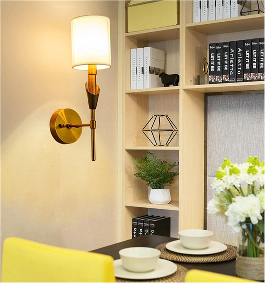 HDC Simple Brushed Gold Wall Sconce with White Fabric Shade Modern Wall Light