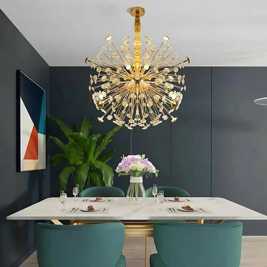 Ojaro Modern Gold Burst Crystal Chandelier Pendant Light for Living Room, Staircase & Luxury Interiors