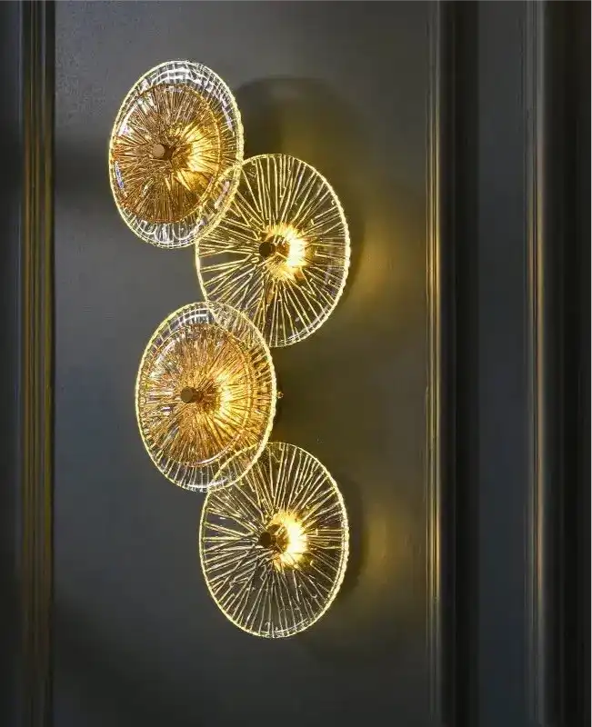 HDC 4 Heads Lotus Leaf Round Clear Glass Crystal Modern Gold Led Wall Light For Drawing Room - Tricolor