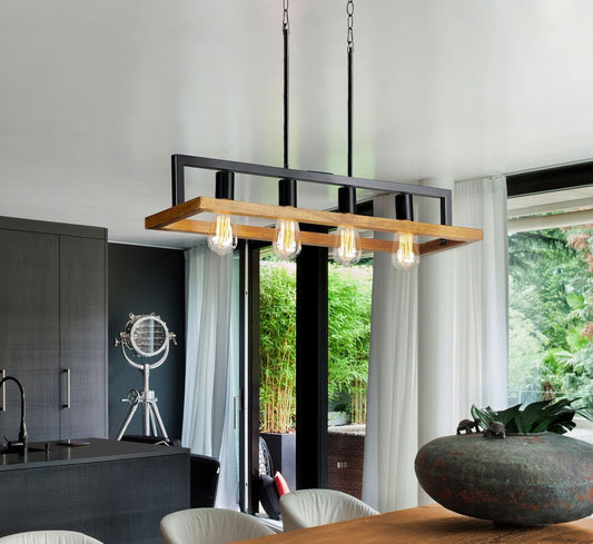 HDC Modern Rectangular Iron & Wood Hanging Chandelier Light for Dining & Living Spaces