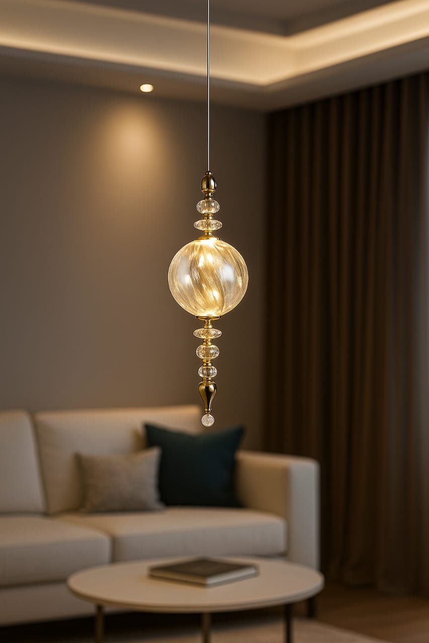 HDC Luxury Crystal Globe Pendant Light with Brass Finish | Elegant Vertical Hanging Lamp for Living Room, Bedroom & Designer Interiors