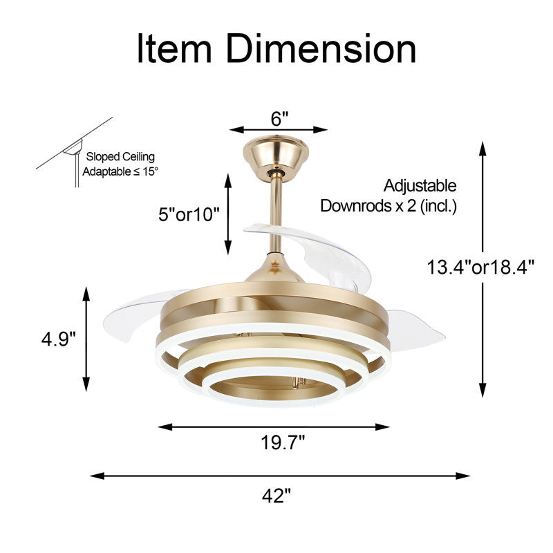 HDC Invisible Golden Rings Ceiling Fan Chandelier With Remote Control 4 Retractable Abs Blades - Warm White
