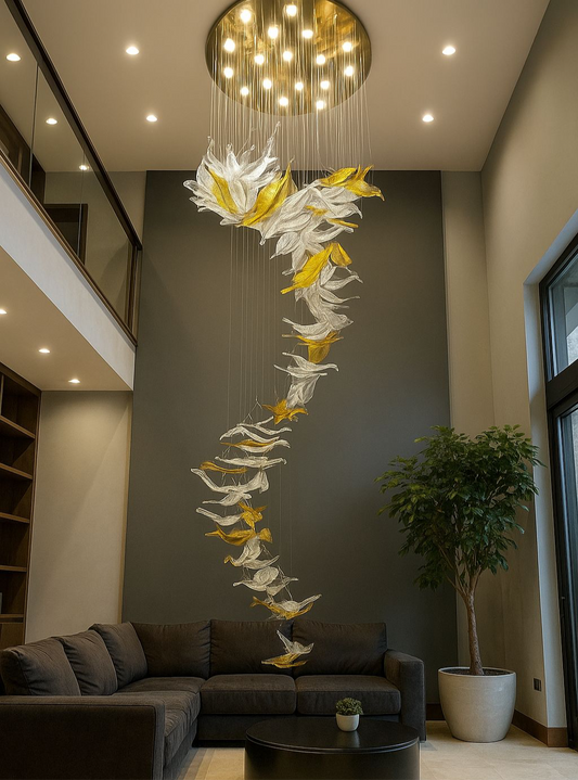 Hdc Feather Leaf Led Double Height Stair Chandelier - Warm White
